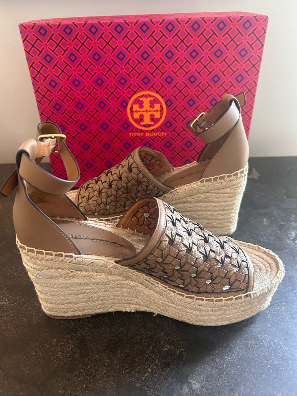 Tory Burch Brown Woven Espadrille Ankle-Strap Wedge Sandals